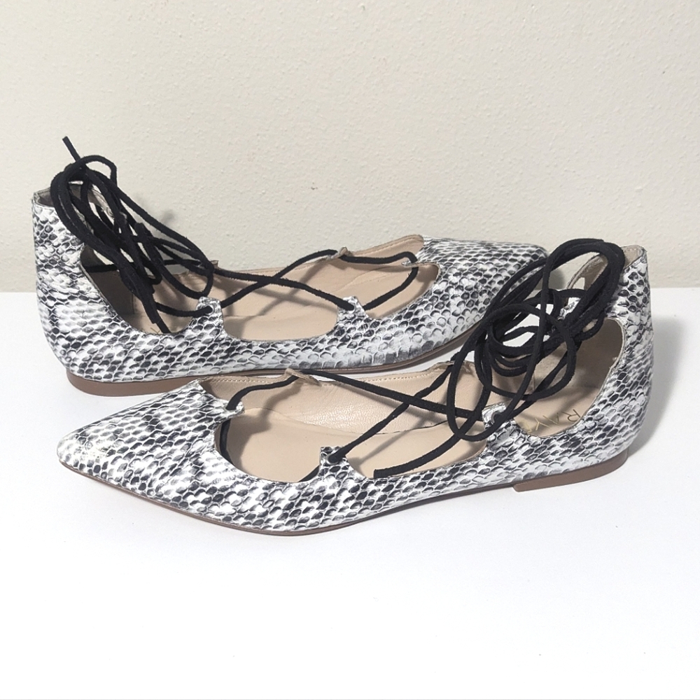 Raye Revolve Snake Print Pointed Leather Lace Up Flats Size 38
